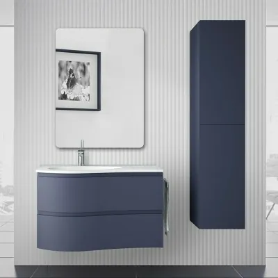 Mobile bagno sospeso curvo 90 Melody blu navy con vasca e specchio