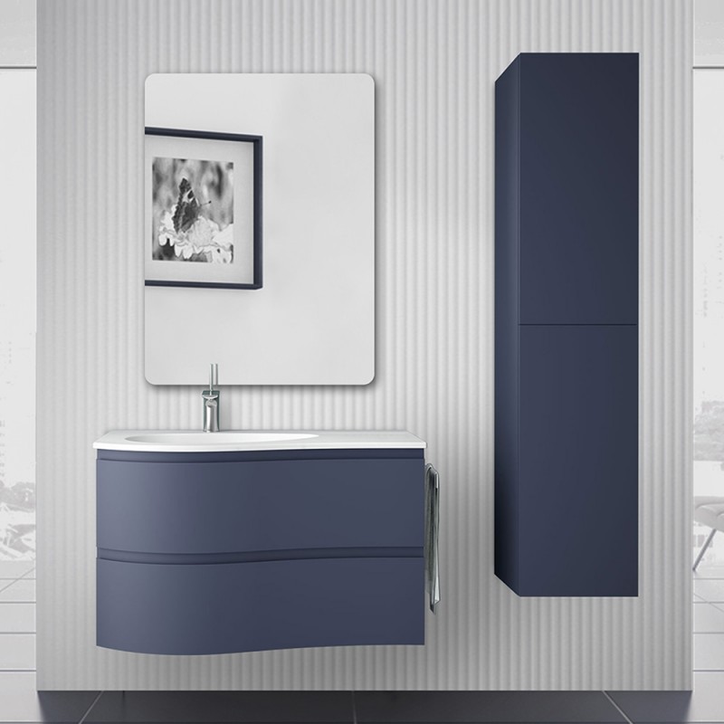 Mobile bagno sospeso curvo 90 Melody blu navy con vasca e specchio Mobile bagno sospeso curvo 90 Melody blu navy con vasca e specchio