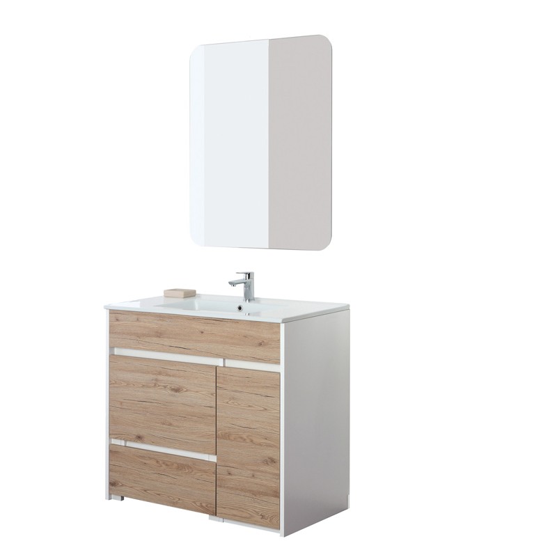 Mobile Bagno Moderno Rovere con Pouf estraibile e Contenitore Mobile Bagno a Terra colore Rovere e Bianco con pouf Estraibile 90 cm