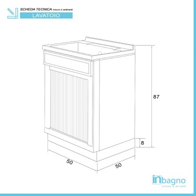 Scheda tecnica mobile lavatoio 50x50 bianco con serranda vasca e asse lavapanni