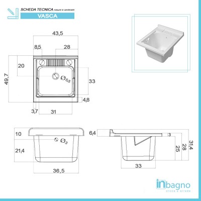 Scheda tecnica vasca in resina inclusa nel mobile lavatoio