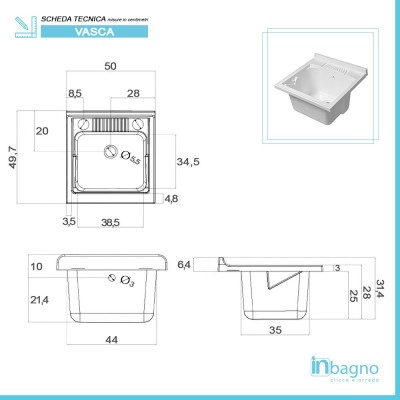 Scheda tecnica vasca in resina compresa nel mobile lavatoio Olimpo