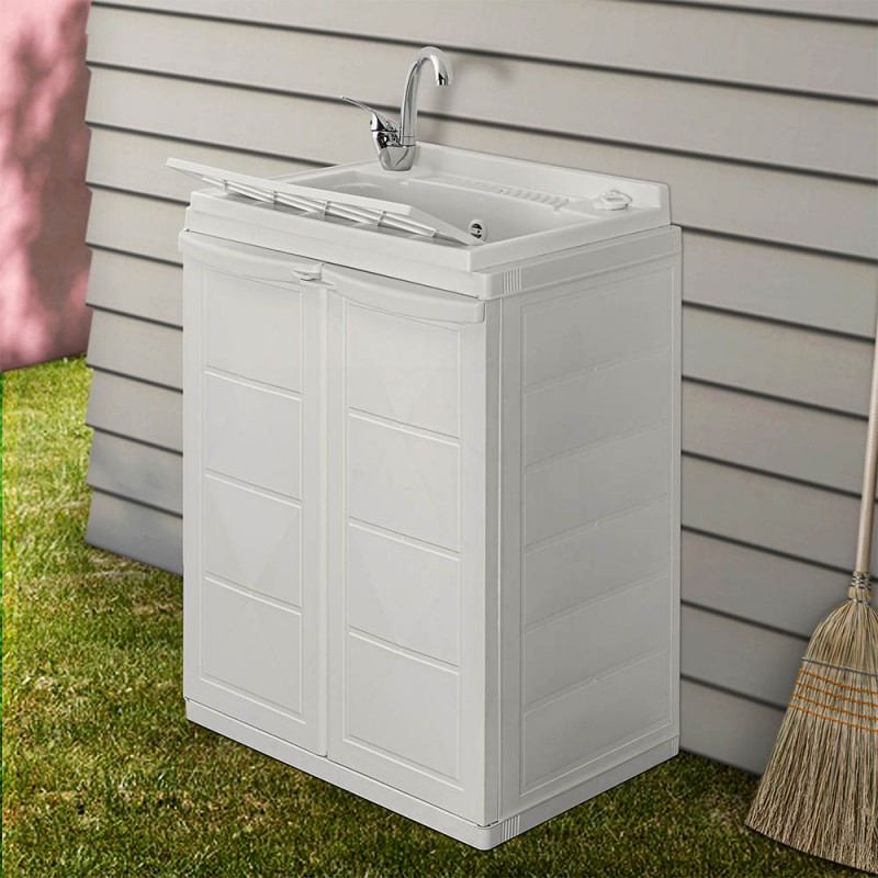 Mobile lavatoio salvaspazio 64x45 bianco con vasca e ripiano interno