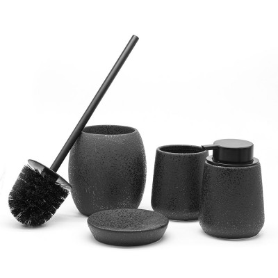 Set 4 pezzi di accessori bagno da appoggio in ceramica nero glitter con portaspazzolino INCLUSO