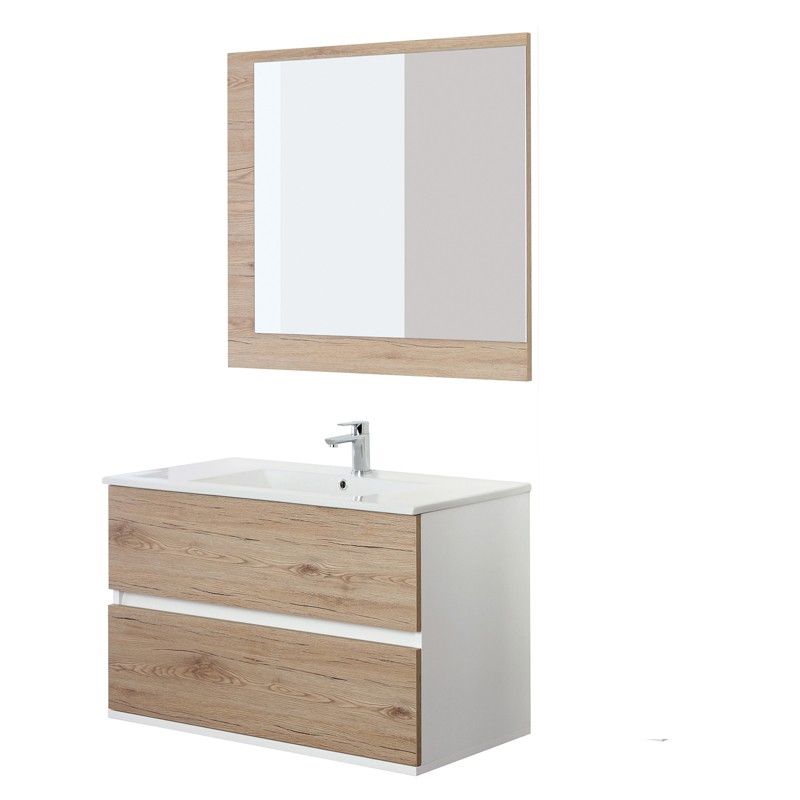 Composizione bagno in nobilitato melaminico Mobile Bagno Sospeso Rovere di Bordeaux in Legno 2 Cassetti 90 cm
