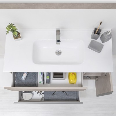 Arredo bagno sospeso 90 cm effetto pietra beige con lavandino in ceramica bianca lucida e specchio a parete