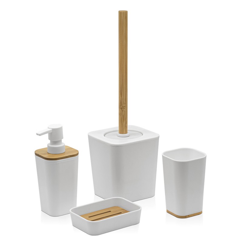 Set accessori bagno moderno in finitura bianca opaca con dettagli in bambù