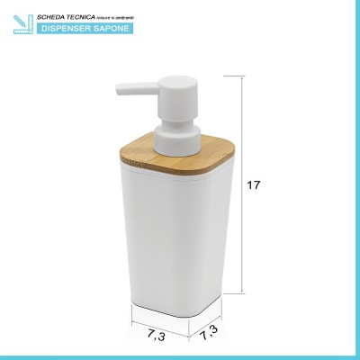 Scheda tecnica dispenser sapone bianco opaco con dettagli in bamboo