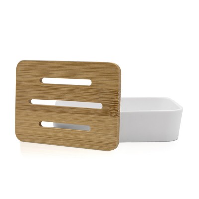 Porta sapone bianco opaco con inserto in bambù