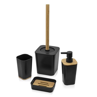 Kit da bagno con dispenser sapone e porta spazzolini in finitura nera opaca con dettagli in bamboo