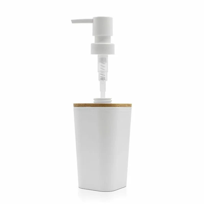 Set Bagno 4 Pezzi In Bambù E Plastica – Porta Spazzolino, Erogatore Lozione, Portasapone, Bicchiere – Bianco, 450 Ml