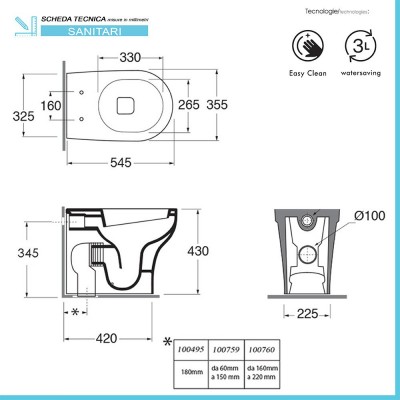 Scheda tecnica wc filo muro scarico traslato rimless Azzurra serie Pratica