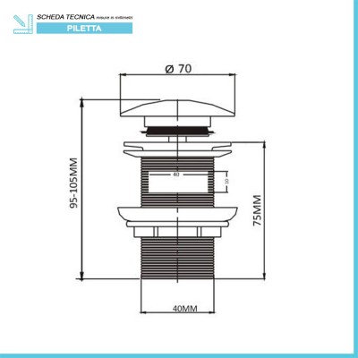 Scheda tecnica piletta lavabo clic clac con troppo pieno e tappo bianco opaco