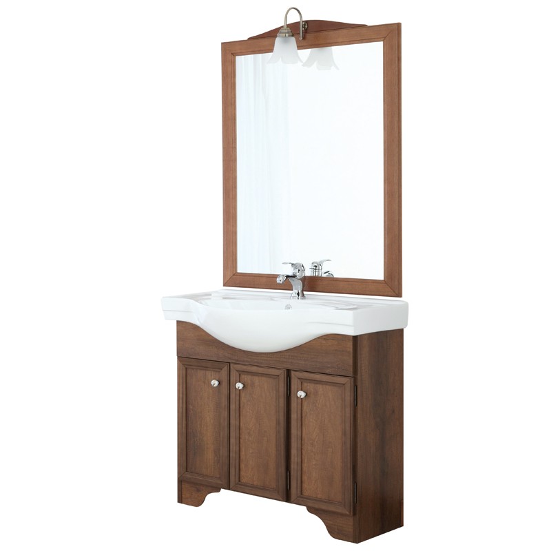 Mobile Bagno color noce in stile Arte Povera a tre Ante, con Specchio, Lampada E Lavabo Mobile Bagno color noce Arte Povera a tre Ante, con Specchio, Lampada E Lavabo L.100
