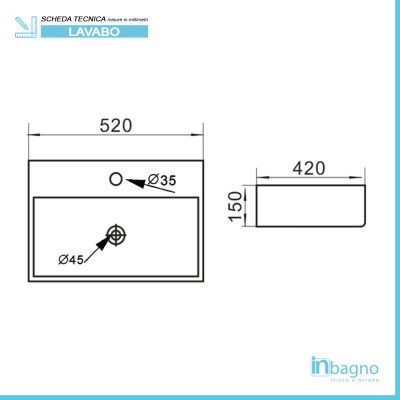 Scheda tecnica lavabo da appoggio rettangolare 52x42 cm in ceramica bianca lucida