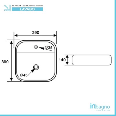 Scheda tecnica lavamani da appoggio 39x39 cm design moderno in ceramica bianca lucida