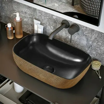 Lavabo da appoggio 45x32 cm in ceramica nera opaca con decorazione oro