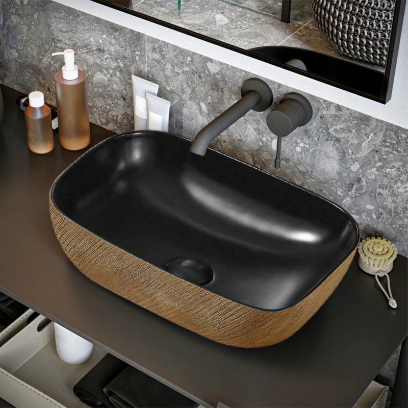 Lavabo da appoggio 45x32 cm in ceramica nero opaco con dettagli oro