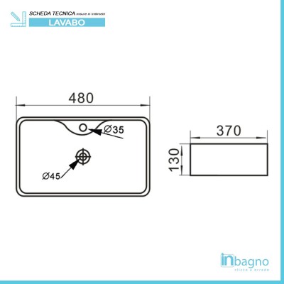 Scheda tecnica lavabo da appoggio rettangolare 48x37 cm in ceramica bianca lucida