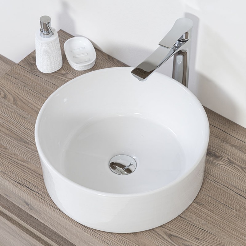 Lavabo da appoggio tondo a ciotola 40 cm in ceramica bianco lucido