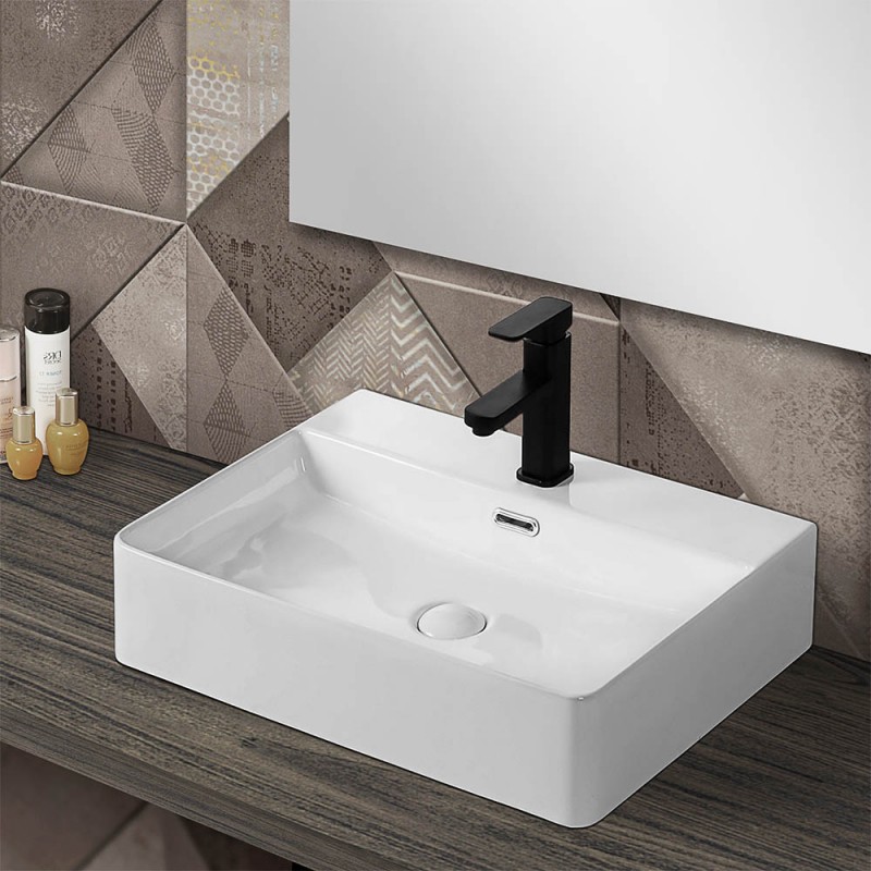 Lavabo da appoggio in ceramica 50x42 cm rettangolare bianco lucido