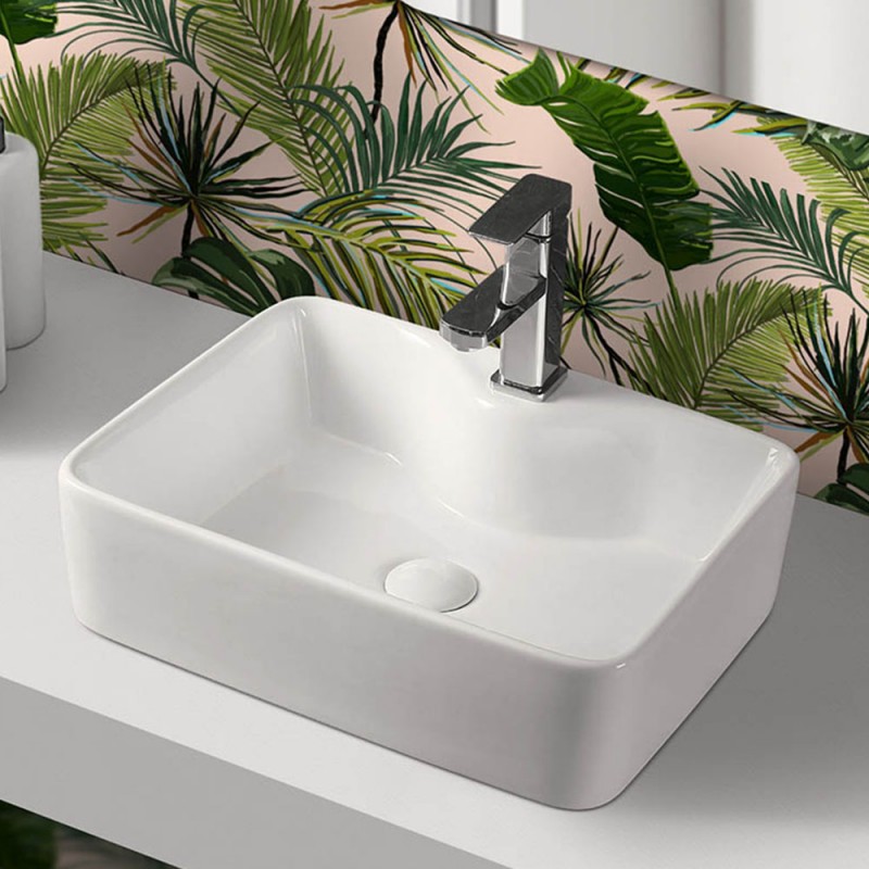 Lavabo da appoggio rettangolare 48x37 cm in ceramica bianco lucido