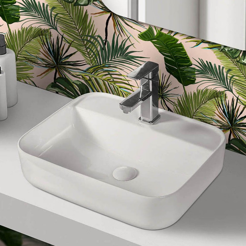 Lavabo da appoggio 50x39 cm design moderno in ceramica bianca lucida Lavandino da appoggio 50x39 cm in ceramica lucida con angoli tondi