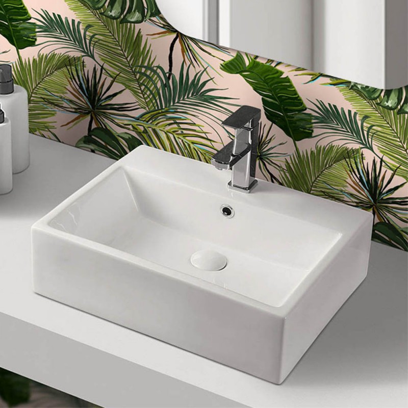 Lavabo da appoggio rettangolare 52x42 cm in ceramica bianco lucido