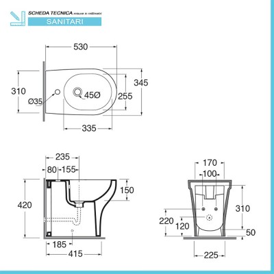 Scheda tecnica bidet traslato Azzurra Pratica in ceramica bianca lucida