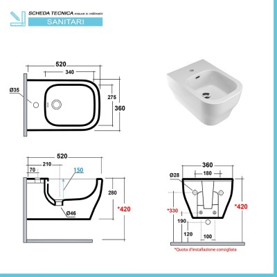 Scheda tecnica bidet sospeso Olympia Synthesis in ceramica bianca lucida