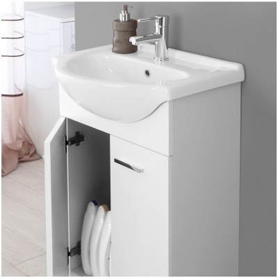 Mobiletto bagno a terra 56 cm bianco lucido completo di lavabo e specchio