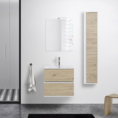 Mobiletto bagno sospeso 60 cm Duble in rovere africa con lavabo e specchio inclusi