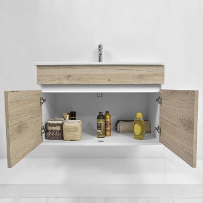 Arredo bagno sospeso da 90 cm Duble rovere africa con lavabo e specchio