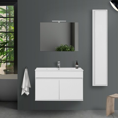 Composizione bagno sospesa da 90 cm Duble bianco lucido completo di lavandino e specchio filo lucido reversibile