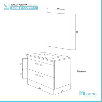 Scheda tecnica mobile bagno sospeso moderno 81x50 cm grigio con 2 cassetti rallentati