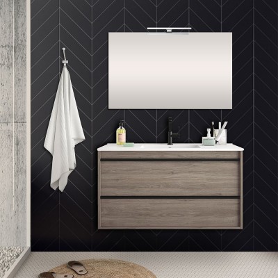 Mobile bagno sospeso 100 cm Nilo rovere corteccia con 2 cassetti completo di lavabo e specchio