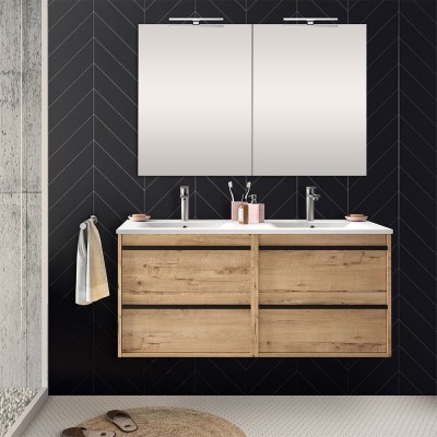 Arredamento bagno doppio lavabo 120 cm Nilo rovere oak con 4 cassetti completo di 2 lavandini e 2 specchiere a parete