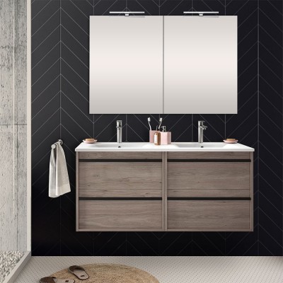 Arredamento bagno doppio lavabo 120 cm Nilo rovere corteccia con 4 cassetti completo di 2 lavandini e doppia specchiere bagno