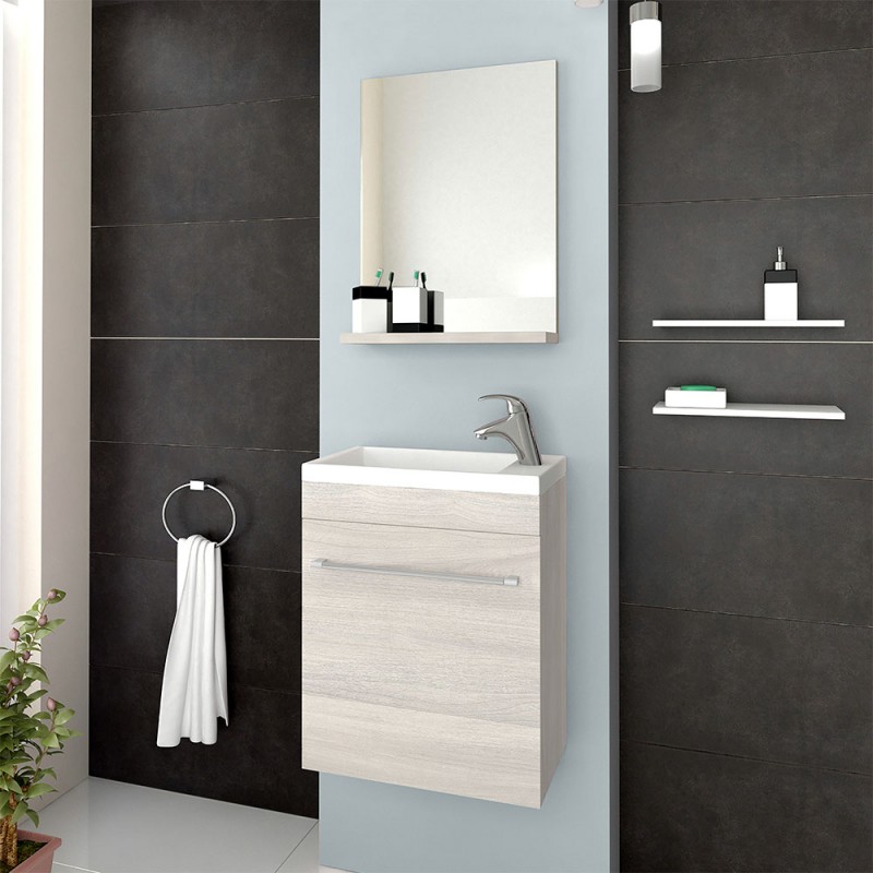 Mobile salvaspazio bagno 40 cm rovere grigio completo di specchio e lavabo
