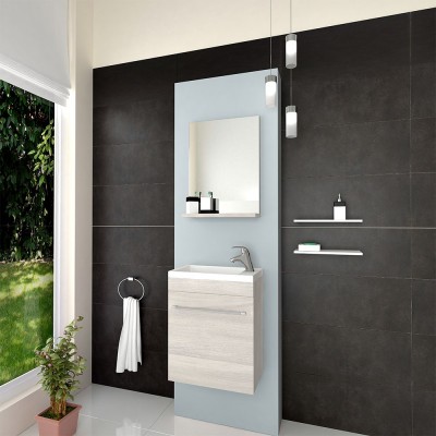 Mobile da bagno salvaspazio 40 cm rovere grigio con lavamani e specchio inclusi