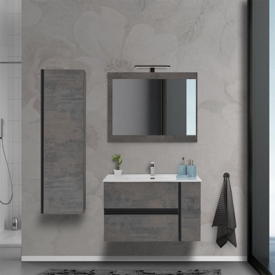 Mobile da bagno salvaspazio 90 cm effetto pietra Oxid completo di lavamani e specchio