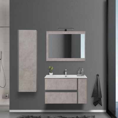 Mobile da bagno salvaspazio 90 cm effetto pietra beige con lavabo e specchio inclusi