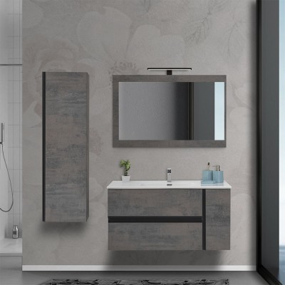 Mobile per bagno sospeso 110 cm effetto pietra Oxid completo di lavandino in ceramica bianca lucida e specchio su pannello