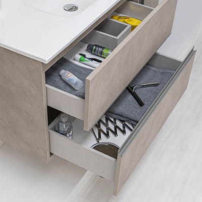 Cassettoni con chiusura rallentata soft close del mobile bagno sospeso 110 cm effetto pietra beige