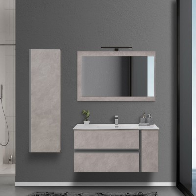 Mobile da bagno salvaspazio 110 cm effetto pietra beige con specchiera su pannello e lavamani in porcellana bianca