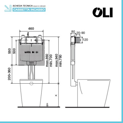 Scheda tecnica cassetta incassata wc OLI74 Plus con sistema a doppio scarico 6/3 litri