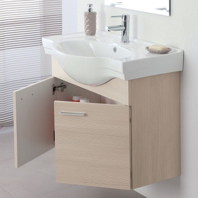 Mobile da bagno sospeso 81 cm larice con 2 ante completo di ceramica e specchiera reversibile