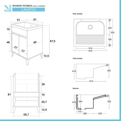 Scheda tecnica mobile lavatoio 60x50 cm linea Way bianco lucido con vasca e strofinatoio