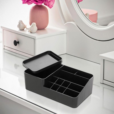 Organizer porta cosmetici in plastica nera con 11 scomparti e box con coperchio