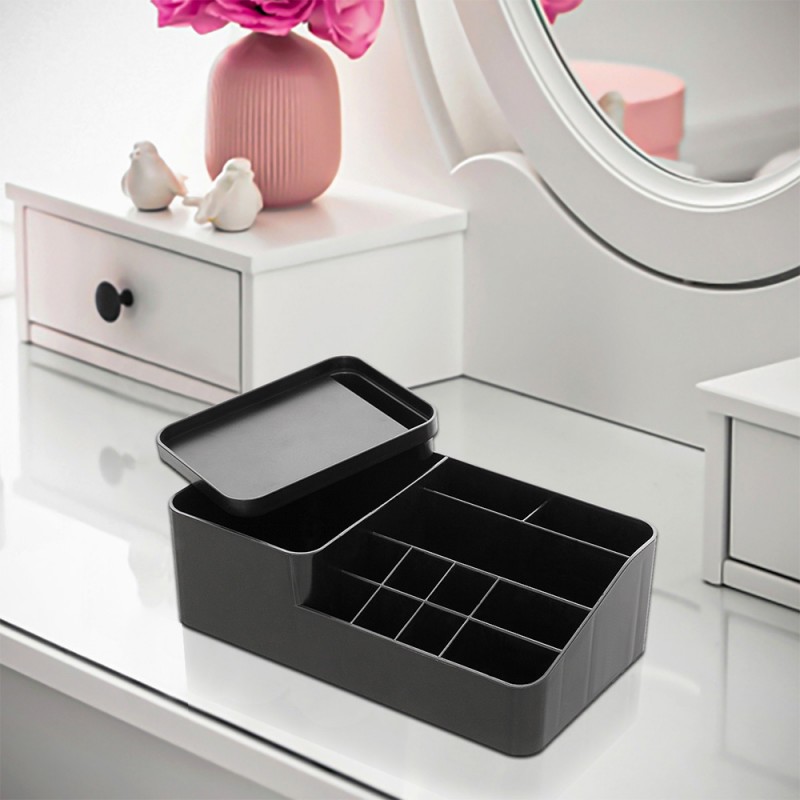 Organizzatore cosmetici nero con box con coperchio e 11 scomparti